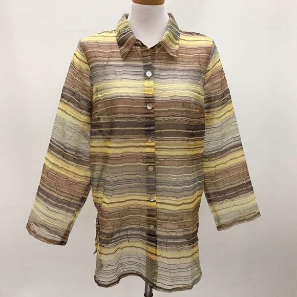 Chic Earth-Tone Striped Semi-Sheer Button-Down Blouse - Perfect for Layering! - Picture 1 of 6